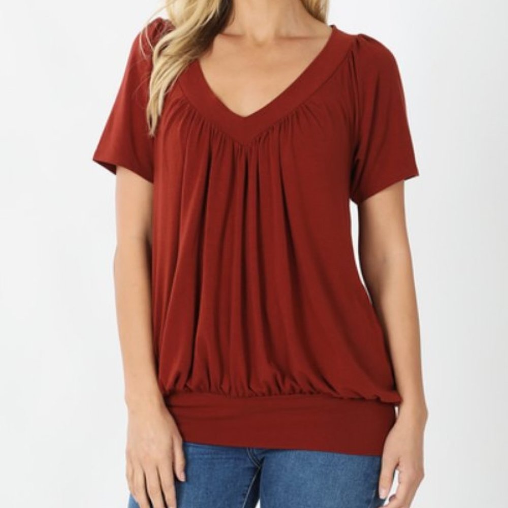 Dark Rust Soft V-Neck Short Sleeve Shirt